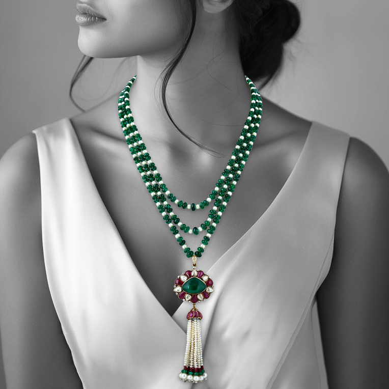 Tri-Layered Emerald and Pearl Necklace with Tassel Pendant